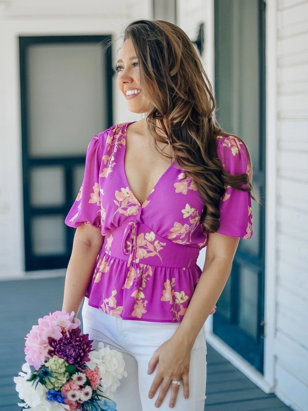Lush Fuchsia Floral V-Neck Peplum Top